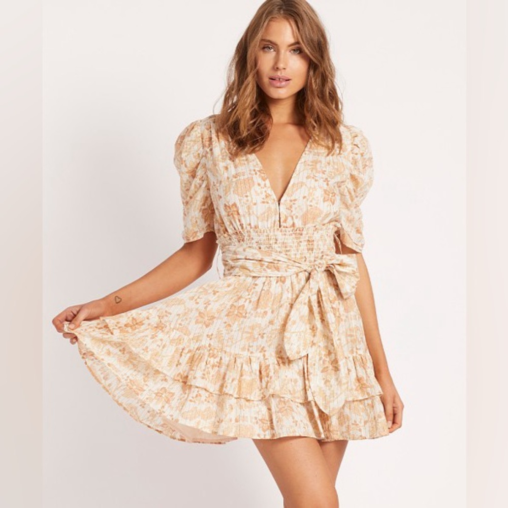 Cleobella Ruffled Amarie Puff Sleeve Mini Dress in Lurex Floral Size Medium